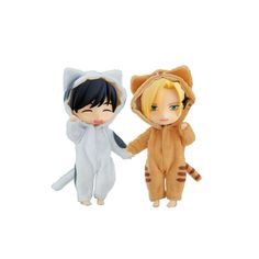 two stuffed animals are standing next to each other on a white background, one is wearing a cat costume