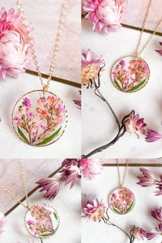 A pressed and preserved wild flower necklace within a hammered effect circle frame. 22k gold plated fine chain boho chic pressed flowers. Gorgeous pink! Dainty Flower Necklace With Pressed Flowers, Bohemian Pendant Necklaces With Pressed Flowers, Gold Charm Necklace With Pressed Flowers In Round Pendant, Gold Jewelry With Floral Print For Gift, Gold Botanical Flower Pendant Jewelry, Gold Botanical Necklace With Flower Charm, Botanical Style Gold Jewelry With Flower Charm, Gold Botanical Jewelry With Flower Charm, Pink Bohemian Jewelry With Pressed Flowers