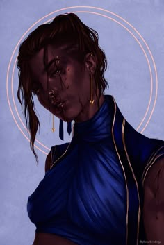 a digital painting of a woman with blood all over her face and neck, wearing a blue top