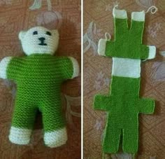 two pictures of stuffed animals made to look like knitted toys, one in green and the other in white