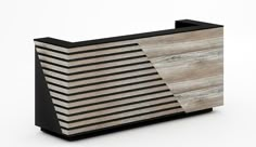 a wooden box with black and white stripes on it