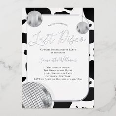 a black and white polka dot party card with disco balls on the front, in silver foil