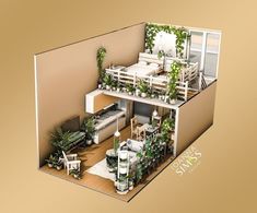 an image of a house with plants on the balcony and living room in the top floor