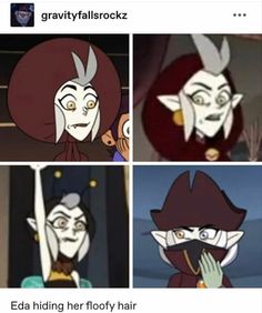 four different avatars with caption that reads gravity falls rockz eda hiding her floor hair