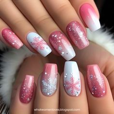 Snowflake Nails for Short Nails Snowflakes Nail Design, Snowflake Fingernails, Snowflake Gel Nail Designs, Pink Nails With Snowflakes, Snow Flake Nails Design, Glitter Snowflake Nails, Pink Snowflake Nails, Winter Snowflake Nails, Nails For Short Nails