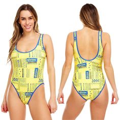 Brand New With Tags, Officially Licensed Women's Juniors Size Single-Piece Swimsuit With Padded Cups And Two Shoulder Straps All In Yellow Polyester/Spandex Fabric With White Lining And An Allover Print In Blue Of The Corona Since 1925 Logo With Other Decorations. Fitted Yellow Swimsuit For Swimming, Fitted Yellow Swimsuit, Yellow Fitted One Piece Swimsuit, Yellow Sleeveless Bodysuit For Pool, Casual Yellow Bodysuit For Swimming, Casual Yellow One-piece Bodysuit, Fitted Yellow One-piece Swimsuit, Yellow One-piece Bodysuit For Swimming, Yellow One-piece Swimwear For Pool