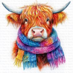 a painting of a cow wearing a colorful scarf