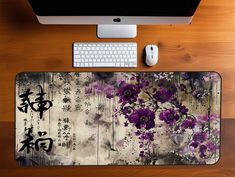 Zen Garden Elegance: Purple Blossoms Mouse Pad, Artistic Japanese Led Gaming Mouse Pad, Purple Desk Mat, Unique Gift for Art Enthusiasts by HBArtStreet on Etsy Purple Desk, Zen Garden