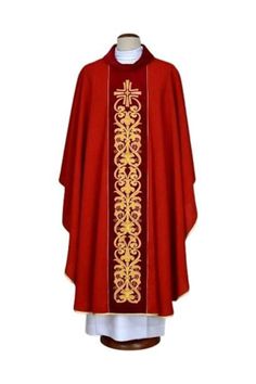 Embroidered red chasuble - cross, ornament Chasuble with rich embroideries on a velvet belt, made of light, airy fabric. The fabric used for the chasuble is delicate and crease-resistant, suitable for standard washing and ironing, making it practical and ideal for frequent use. The fabrics' quality primarily helps preserve the color and shade given to the chasuble. The chasuble is finished with gold piping--universal size. Red Embroidered Chasuble For Church, Luxury Red Ceremonial Chasuble, Luxury Gold Ceremonial Chasuble, Traditional Embroidered Ceremonial Chasuble, Luxury Red Embroidered Vestments, Luxury Gold Embroidered Vestments, Velvet Belt, Poland, Velvet