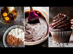 there are three pictures with different types of desserts in the bottom row, one has chocolate frosting on top