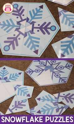 the snowflake puzzles are made with construction paper and cut out to look like snowflakes