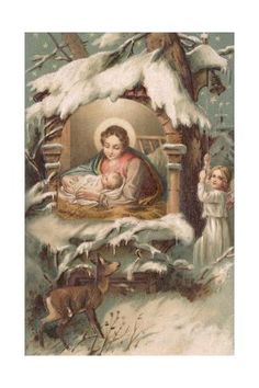 an old fashioned christmas card with a nativity scene in the snow and two children