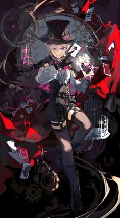 an anime character is standing in front of a red and black background with abstract shapes