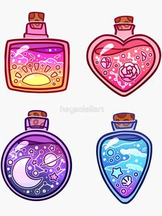 four different colored flasks with hearts and stars on the top one is filled with liquid