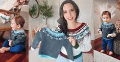 a woman holding a baby wearing a knitted sweater and smiling at the camera while another child sits on the floor next to her