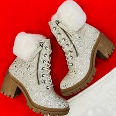 Silver Glitter Shoes, Lace Up Combat Boots, Glitter Shoes, 2 Inch Heels, Fur Boots, Shoe Closet, Buy Shoes, Fall Wardrobe, Lace Up Boots