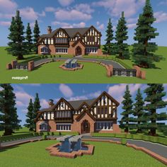 two different views of a house with trees