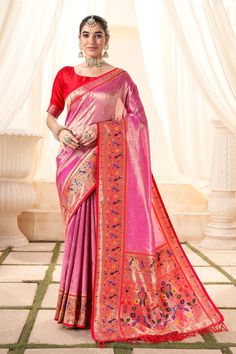 Function Wear Soothing Handloom Silk Saree In Pink Color Red Silk Blouse, Tissue Silk Saree, Rani Pink, Paithani Saree, Fancy Print, Sarees Collection, Trendy Sarees, Silk Wedding, Blouse Material