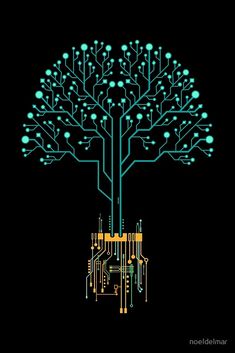 an electronic circuit board with a tree on it's side and lights in the middle