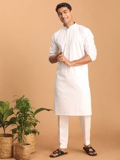 vastramay mens white cotton blend solid kurta with white pant set 2 Classic Cotton Sets With Relaxed Fit, Festive Traditional Kurta With Relaxed Fit, Traditional Relaxed Fit Kurta For Festive Occasions, Classic Cotton Festive Sets, Classic Cotton Sets For Festive Occasions, Classic Festive Cotton Sets, White Cotton Kurta With Relaxed Fit, Traditional Cotton Pants For Eid, White Cotton Relaxed Fit Kurta