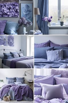 purple and blue bedroom decor with flowers on the wall, bed linens in different colors