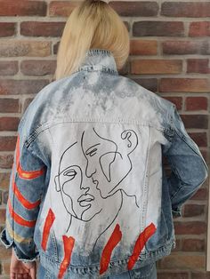 Due to each piece being hand painted, each jacket might have slight differences. Please allow 1-2 weeks delivery, as each jacket is hand painted, and made to order. Limited edition. Artistic Graphic Print Denim Jacket For Fall, Artistic Hand Painted Outerwear For Fall, Artistic Hand Painted Denim Jacket For Fall, Hand Painted Cotton Denim Jacket For Winter, Hand Painted Blue Denim Jacket, Artistic Long Sleeve Denim Jacket With Graphic Print, Hand Painted Denim Jacket For Winter Streetwear, Artistic Hand Painted Denim Jacket, Hand Painted Blue Cotton Denim Jacket