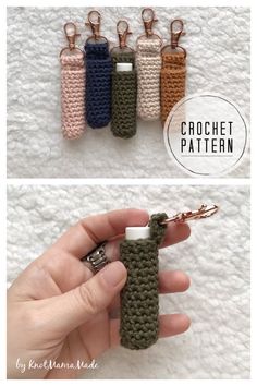 the crochet bottle keychain is being held by someone's hand