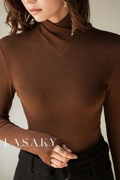 Lasaky - Exquisite Stand Collar Long Sleeve Undergarment Top with Internal Layering Shirt, Inspired by Fashion Design Layered Shirts, Layer Top, Coffee Colour, Base Layer, Ribbed Fabric, Types Of Collars, Stand Collar, Stand Up, Spring Fashion