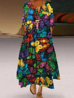 Multicolor Shift Dress Midi Length, Multicolor Shift Dress, Midi Length, Multicolor Shift Dress For Fall, Flowy Multicolor Knee-length Dress, Multicolor Flowy Knee-length Dress, Multicolor A-line Shift Midi Dress, Casual Multicolor Knee-length Dress, Fall Beach A-line Dress, Multicolor Shift Midi Dress