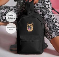 Embroidered German Shepard rucksack. Personalised mini essential backpack. Dog lovers gift idea. Embroidered gifts, unisex embroidered gifts Shepard Dog, Powder Pink, Backpack Purse, Etsy Pins, Powder Blue, Beanie Hats