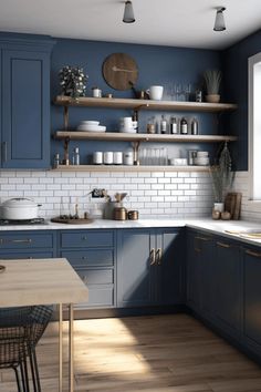 a kitchen with blue cabinets and white subway tile backsplash, wood flooring and open shelving