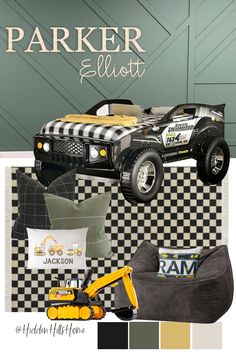 Race car themed bedroom decor design board for boys! Boys bedroom mood board with a green accent wall and yellow and charcoal accent colors! Race Car Bed Bedroom, Truck Bed Boys Room, Neutral Car Bedroom, Truck Bedroom For Boys, Toddler Boy Car Room, Monster Truck Toddler Room, Boys Race Car Bedroom