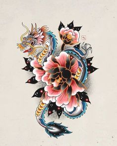 a dragon and flower tattoo design on the back of a woman's arm