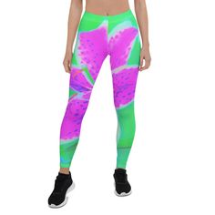 Leggings for Women, Hot Pink Stargazer Lily on Turquoise and Green Turquoise Stretch Activewear For Sports, Sporty Green Summer Leggings, Sporty Green Leggings For Summer, Casual Green Leggings For Pilates, Spring Sports Green Leggings, Green Yoga Pants For Spring, Green Spring Yoga Leggings, Spring Green Yoga Pants, Green Yoga Pants For Workout