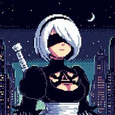 an anime character with white hair and black clothes standing in front of a cityscape