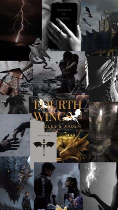 a collage of photos with the words fourth wing and images from different erass