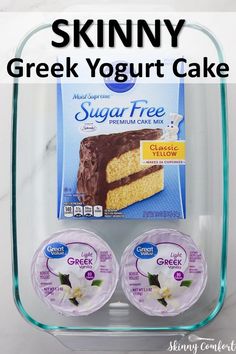 two slices of cake in a plastic container with the text skinnyy greek yogurt cake