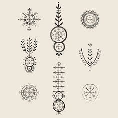 an assortment of different designs on a white background, including arrows and compasss in black ink