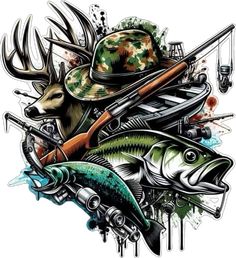 some fishing related items are in the shape of a tattoo art design, with an image of a deer and fish on it