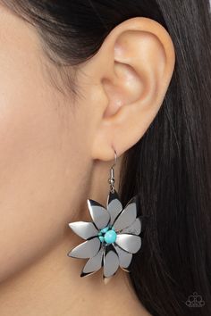 Overlapping silver petals bloom from a turquoise stone beaded center as they gently curve into a pinwheel-like flower, resulting in a seasonal pop of color. Earring attaches to a standard fishhook fitting. Sold as one pair of earrings. Wooden Bracelet, Yellow Stone, Seed Bead Necklace, Paparazzi Accessories, Paparazzi Jewelry, Shiny Silver, Blue Earrings, Turquoise Earrings, Tassel Earrings