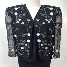 Adriana Papell Black Floral Silk Shirt Size Sheer Sleeve 8 Embroidery Party | eBay