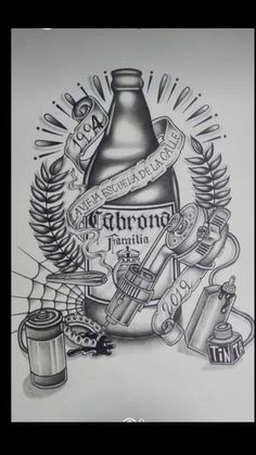 a drawing of a bottle and some other items