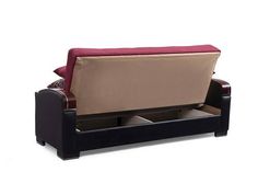 a couch that is sitting on top of a table with two drawers underneath the seat