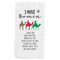 three wise women tea towel with camels and stars on the back, white background