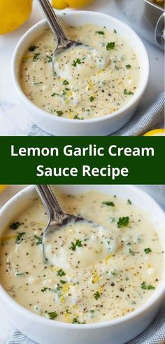 two bowls filled with lemon garlic cream sauce