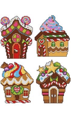 four different types of gingerbread houses with candy toppings and decorations on them, all in cross stitch