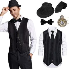 a man wearing a hat, vest and tie with other items around him including a watch