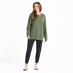 Be prepared to wear this one on repeat. It’s THAT comfy. With a roomy oversized fit and a super-soft feel, it’s the perfect sweatshirt for those days when you just want to lounge around the house or layer over a tee in cooler temps. And with extra coverage, it’s the perfect pairing with leggings or jeans. 92% USA Grown Cotton / 8% Spandex 7.08 oz. Mid-weight cotton/spandex jersey, garment washed for softness. Generous fit with great coverage. Self-fabric crew neck, cuffs, and banding at hem. Dro Casual Boxy Fit Sweats With Drop Shoulder, Casual Boxy Sweats With Drop Shoulder, Green Relaxed Fit Cozy Sweats, Comfy Oversized Tops For Everyday, Comfy Oversized Everyday Tops, Cozy Drop Shoulder Tops For Everyday, Cozy Drop Shoulder Everyday Top, Cozy Green Relaxed Fit Sweats, Green Relaxed Fit Sweater In Athleisure Style