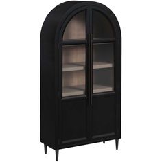 a black cabinet with glass doors and shelves