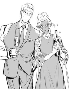 a man and woman dressed up in formal wear, holding wine glasses while standing next to each other